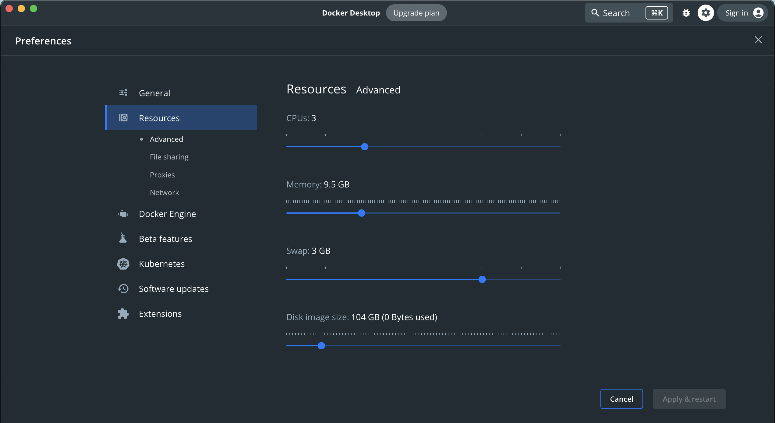 Screen capture of Docker Desktop resources preferences