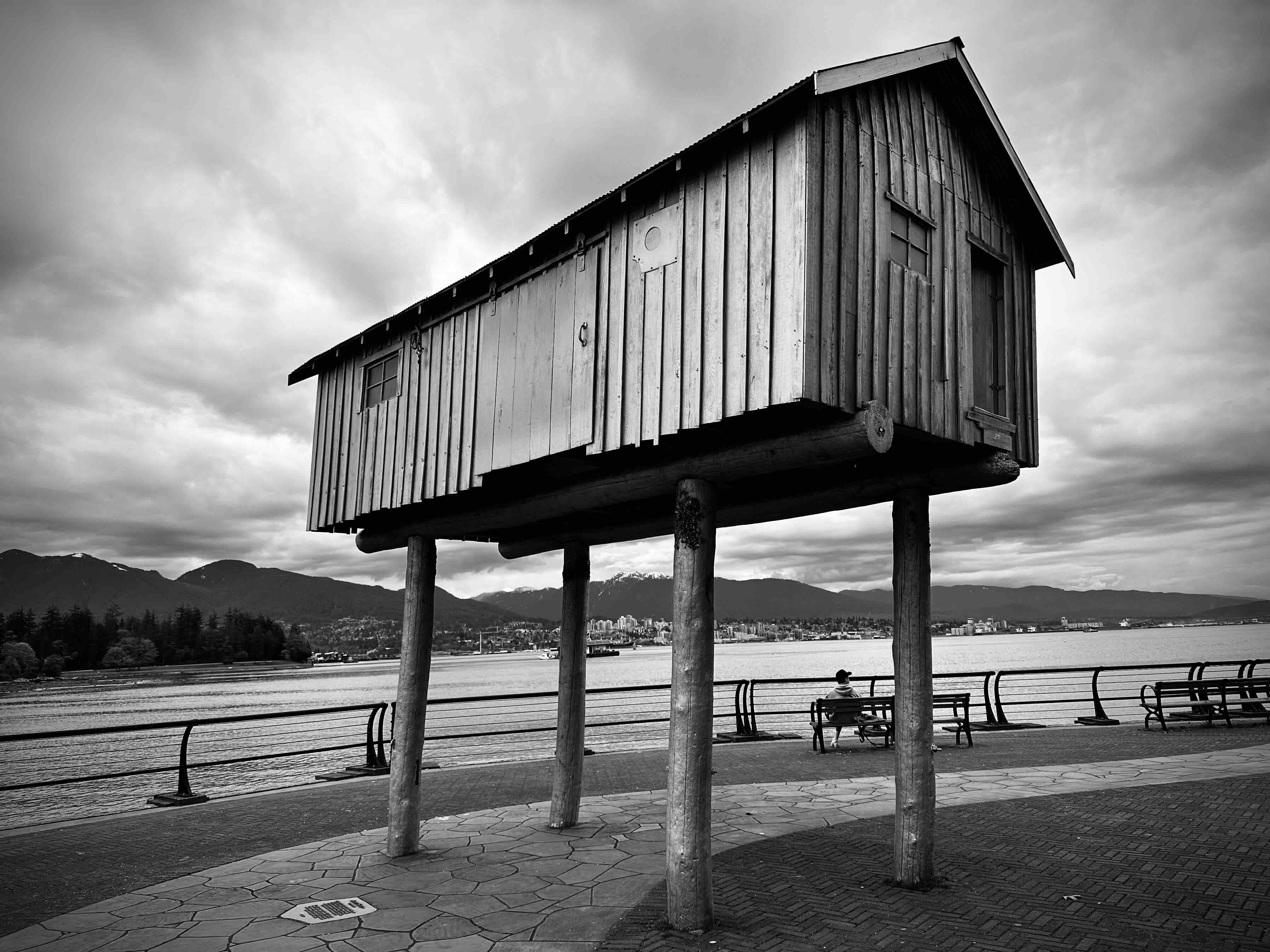 House on stilts against ocean and mountain backdrop