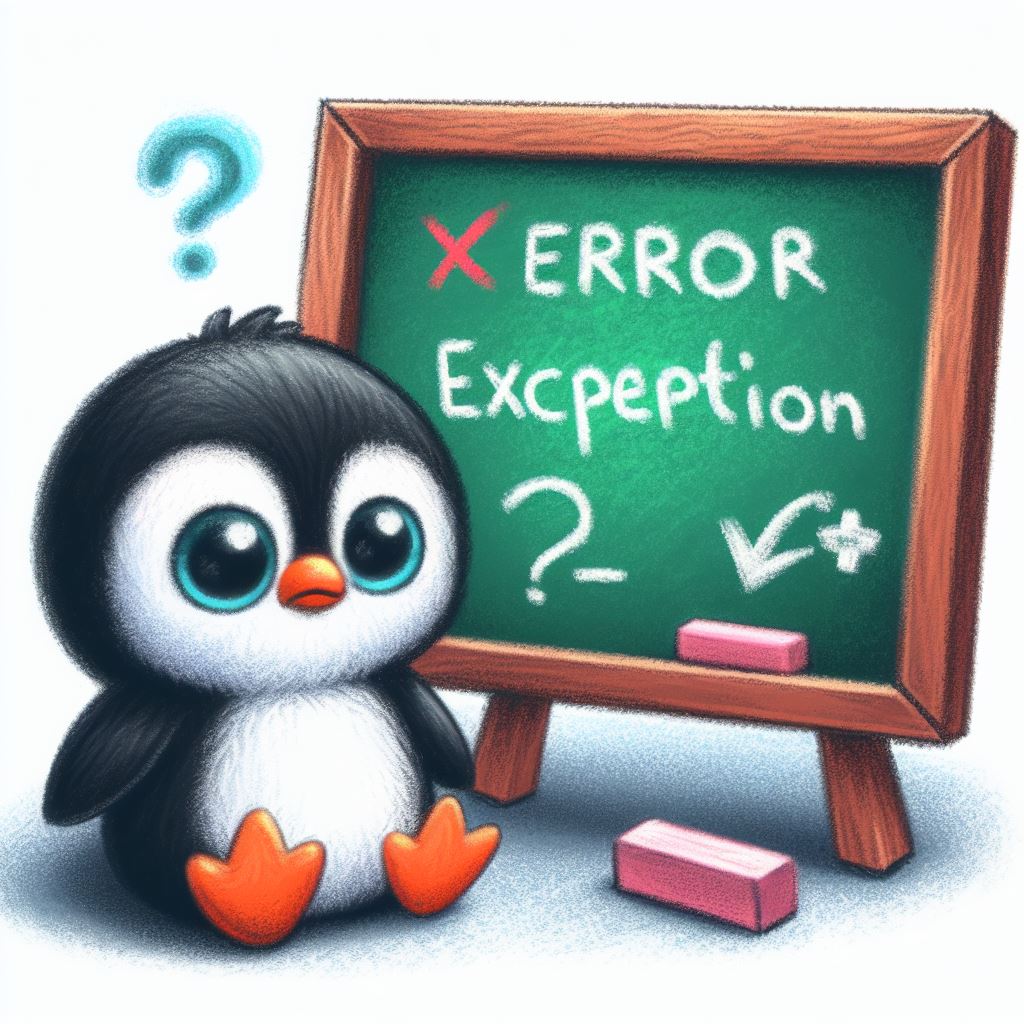A confused penguin trying to learn about errors and exceptions. Image generated with AI using Dalle3 via Bing Copilot